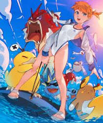 1girl alolan_raichu alternate_color bare_legs blue_eyes blue_sky breasts cesar_art456 clouds commentary competition_swimsuit day dutch_angle earrings english_commentary feet full_body groin gyarados highleg highleg_one-piece_swimsuit highres jacket jewelry kamina_shades legs legs_apart long_sleeves looking_at_viewer misty_(pokemon) one-piece_swimsuit open_clothes open_jacket open_mouth orange_hair outdoors outstretched_arm pelipper pokemon pokemon_(creature) pokemon_hgss ponytail psyduck round_eyewear sandals shiny_pokemon short_hair short_ponytail side_ponytail sky small_breasts smile spoken_x squirtle squirtle_squad standing starmie stud_earrings sun sunglasses swimsuit teeth thighs toenails toes track_jacket triangular_eyewear upper_teeth_only water white_jacket white_one-piece_swimsuit white_sandals wingull x_(symbol)