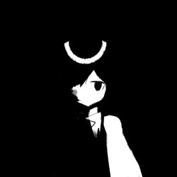  1other black_background blending coat enraku_tsubakura eye_of_senri greyscale hat high_contrast kzk301 len&#039;en long_sleeves looking_at_viewer monochrome neck_ribbon no_mouth ribbon shirt short_hair simple_background sleeveless sleeveless_coat solo straight-on top_hat upper_body 