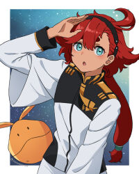  1girl :o ahoge akane_(akaneoekaki0928) aqua_eyes arm_up asticassia_school_uniform black_hairband blue_eyes blush border commentary dark-skinned_female dark_skin gundam gundam_suisei_no_majo hair_between_eyes hairband haro highres jacket long_hair long_sleeves looking_at_viewer low_ponytail open_mouth ponytail red_hair school_uniform solo suletta_mercury swept_bangs thick_eyebrows twitter_username white_border white_jacket wide_sleeves 