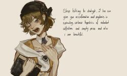  1other androgynous annoyed bandana bare_arms black_bandana blue_eyes book brooch brown_hair choker cine_hamal collarbone cropped_torso english_text eye_brooch eye_of_senri hand_on_own_chest hatsburg head_tilt highres holding holding_book jacket jewelry kuzu_suzumi len&#039;en light_blush meme meme_request one_eye_closed open_clothes open_jacket open_mouth orange_jacket other_focus scarf shirt short_hair simple_background sleeveless sleeveless_jacket sleeveless_shirt solo teeth turban white_background white_choker white_scarf white_shirt 