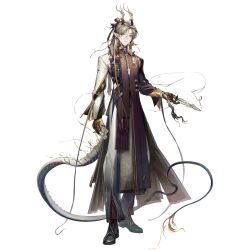  1boy arknights bishounen black_shoes blonde_hair blue_hair brown_hair chinese_clothes closed_mouth dragon_boy dragon_tail eastern_dragon_horns eyeshadow front_slit_pants full_body gradient_pants green_eyeshadow hair_rings half_updo highres holding ji_(arknights) long_sleeves looking_at_viewer makeup male_focus medium_hair multicolored_hair official_art pants pantsleg_zipper shoes shutun simple_background single_hair_ring solo standing streaked_hair tachi-e tail third-party_source transparent_background white_pants yellow_eyes zipper 