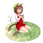  animal_ears aps@shugyouchuu bird blush boots brown_hair cat_ears cat_tail chen closed_eyes cross-laced_footwear eurasian_tree_sparrow eyes_closed highres lace-up_boots multiple_tails sitting smile solo sparrow tail touhou wariza 