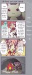  4koma aoki_ume caveman comic english fire food hard_translated kaname_madoka kyubey mahou_shoujo_madoka_magica meat official_art pink_hair red_eyes ribbon spoilers sweatdrop translated 