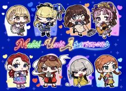  6+girls :&lt; :d :o :t ;3 absurdres acoustic_guitar angel_(multi-unit_apartment) arm_up arms_behind_back asymmetrical_bangs asymmetrical_hair ava_(multi-unit_apartment) banknote bead_necklace beads belted_jacket black-framed_eyewear black_boots black_ribbon black_shirt black_shoes black_skirt blonde_hair blue_background blue_eyes blue_shirt blue_skirt blunt_bangs blunt_ends blush_stickers bob_cut book boots bottle bow bowtie braid braided_bangs brown_eyes brown_hair brown_skirt cellphone_charm charm_(object) chibi chibi_only cigarette cleaning_gun clothing_request coat cocked_eyebrow coco_(multi-unit_apartment) copyright_name counting_money cowboy_boots curly_hair curtained_hair earrings english_commentary everyone eyebrow_piercing eyelashes eyewear_on_head face_piercing freckles frilled_bag frilled_socks frills full_body glasses gold_earrings gold_ring gold_scrunchie green_eyes green_skirt grey_skirt guitar gun hair_ornament hair_over_shoulder hair_ribbon hairpin half_up_braid half_updo hand_on_own_hip hand_up handkerchief hannah_(multi-unit_apartment) heart heart-shaped_bag high_ponytail highres holding holding_book holding_bottle holding_gun holding_money holding_mop holding_trophy holding_weapon hoop_earrings instrument isabella_(multi-unit_apartment) jacket jersey jewelry key keyring knee_up kneehighs lace-up_boots lapels leather leather_jacket legs_apart lillian_(multi-unit_apartment) long_hair long_sleeves looking_at_another looking_at_viewer looking_to_the_side low_block_heels mature_eyes medium_skirt money mop mouth_hold multi-unit_apartment multicolored_hair multicolored_jacket multicolored_shoes multiple_girls music necklace neon_lights notched_lapels omt_8mt one_eye_closed open_clothes open_coat open_jacket open_mouth orange_hair orange_shirt outline own_hands_together pale_skin pants parted_bangs pearl_earrings piercing pink_hair pink_shirt plaid_clothes plaid_skirt playing_guitar playing_instrument pleated_skirt plump ponytail puffy_cheeks purple_shoes raised_eyebrows raised_inner_eyebrows red-framed_eyewear red_coat red_hair red_shoes ribbon ring round_eyewear selfie_stick shirt shoes short_bangs short_hair silver_earrings singing single_bare_foot single_slipper sitting skirt sleeve_cuffs slippers smile smoking socks sparkle standing standing_on_one_leg straight_hair streaked_hair sunglasses swept_bangs tareme trophy twin_braids two-tone_jacket two-tone_shoes unworn_slippers v-shaped_eyebrows vest violet_eyes vivi_(multi-unit_apartment) wavy_hair weapon wedding_ring white_bag white_bow white_bowtie white_hair white_outline white_shirt white_slippers white_socks yellow_pants yellow_shirt zoe_(multi-unit_apartment) 