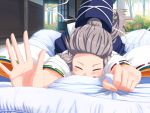  bed bed_sheet closed_eyes eyes_closed futon garden grey_hair hands hat hat_removed hat_ribbon headwear_removed japanese_clothes kariginu long_hair lying mononobe_no_futo on_bed on_stomach open_door outstretched_hand ponytail ribbon sheet_grab solo takuzui tate_eboshi touhou tree 