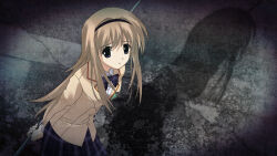  1girl :o artist_request blazer blonde_hair bow bowtie breasts brown_hair brown_jacket chaos;head check_artist collared_shirt d-sword dress_shirt from_above game_cg highres holding holding_behind_back jacket lapels leaning_forward long_sidelocks looking_to_the_side miniskirt nishijou_nanami notched_lapels official_art plaid_bow plaid_bowtie plaid_clothes plaid_skirt pleated_skirt purple_bow purple_bowtie purple_skirt red_trim sasaki_mutsumi school_emblem school_uniform science_adventure shadow shirt sidelocks skirt small_breasts solo suimei_academy_school_uniform violet_eyes white_shirt 
