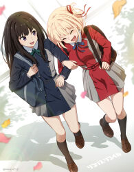  2girls :d ^_^ akane_(akaneoekaki0928) bag black_hair black_socks blonde_hair blue_dress blue_ribbon breasts brown_shoes closed_eyes commentary_request copyright_name dress full_body green_ribbon hair_ribbon hair_rings half_updo highres inoue_takina jacket large_breasts loafers locked_arms long_hair long_sleeves looking_at_another lycoris_recoil multiple_girls neck_ribbon nishikigi_chisato open_mouth pleated_dress red_dress red_jacket red_ribbon ribbon school_bag shoes short_dress short_hair single_hair_ring smile socks v-shaped_eyebrows violet_eyes 