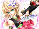  aqua_eyes bare_shoulders blonde_hair detached_sleeves fan flat_chest flower flowers hair_flower hair_ornament highres japanese_clothes kagamine_rin kimono looking_at_viewer nail_polish short_hair smile solo ueno_tsuki vocaloid weapon 