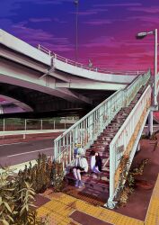  1girl absurdres animal bird black_shorts blue_eyes blue_hair blue_shoes evening grate halo hands_on_own_cheeks hands_on_own_face highres lamppost nickel_ni_plus original outdoors overpass penguin plant purple_sky road scenery sewer_grate shirt shoes shorts sitting sky socks solo stairs white_shirt white_socks 