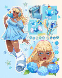  1girl animal_on_shoulder artist_name bird bird_on_shoulder blonde_hair blue_dress blue_flower bubbles_(ppg) camera candy closed_eyes dark-skinned_female dark_skin dress drink english_text flower food headphones highres holding holding_camera hydrangea leaf leg_warmers lollipop long_hair luztapiaart multiple_views original parrot powerpuff_girls star_(symbol) watermark white_leg_warmers 