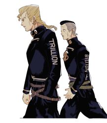  2boys arrow_(symbol) belt black_hair black_jacket black_pants blonde_hair brothers brown_belt collared_jacket cropped_legs diamond_wa_kudakenai dollar_sign earrings english_text facial_mark flattop green_belt grey_hair hand_in_pocket jacket jewelry jojo_no_kimyou_na_bouken long_sleeves looking_ahead looking_to_the_side male_focus multicolored_hair multiple_belts multiple_boys nijimura_keicho nijimura_okuyasu pants parted_lips piercing popped_collar short_sideburns siblings simple_background striped_belt tirauraja two-tone_hair walking white_background 