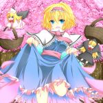  :&lt; alice_margatroid basket blonde_hair blue_dress blue_eyes bow capelet character_doll cherry_blossoms doll dress dress_lift dual_persona flat_gaze h-arukiti hairband hat hourai_doll lily_black lily_black_(cosplay) lily_white lily_white_(cosplay) long_hair long_sleeves open_mouth petals puppet_strings sash shanghai_doll shirt short_hair skirt skirt_set smile solo standing_on_one_leg string touhou tree wings 