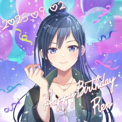  1girl 2025 absurdres artist_request balloon black_jacket blue_hair closed_mouth confetti eyewear_hang gradient_background green_jacket happy_birthday highres holding holding_balloon jacket jewelry kurogane_ren long_hair looking_at_viewer multicolored_jacket necklace official_art open_clothes open_jacket shine_post shirt smile solo sparkle unworn_eyewear upper_body very_long_hair violet_eyes white_shirt 