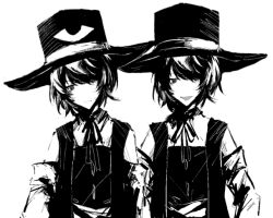  2others academic_test androgynous bare_shoulders closed_mouth coat collared_shirt cosplay detached_sleeves enraku_tsubakura enraku_tsubakura_(cosplay) expressionless eye_of_senri hakama hands_on_own_hips hat head_tilt japanese_clothes len&#039;en light_frown long_sleeves looking_at_viewer multiple_others neck_ribbon oiviie open_mouth other_focus ribbon ribbon-trimmed_collar ribbon_trim senri_tsurubami shirt short_hair simple_background sleeveless sleeveless_coat sleeveless_shirt smile swept_bangs top_hat upper_body white_background 