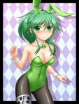  1girl bowtie breasts bunny_ears bunny_tail bunnysuit cleavage detached_collar duel_monster earrings female green_eyes green_hair long_hair pantyhose pataryouto ponytail solo tail wrist_cuffs wynn wynnda,_miko_of_the_gusta wynnda_miko_of_the_gusta yu-gi-oh! yuu-gi-ou yuu-gi-ou_duel_monsters 