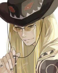  1boy black_hat blonde_hair cowboy_hat fate/grand_order fate_(series) frill_inferno hat highres long_hair looking_at_viewer male_focus parted_lips simple_background smile solo sunglasses tattoo tezcatlipoca_(fate) tezcatlipoca_(wild_gunman)_(fate) tinted_eyewear upper_body white_background 
