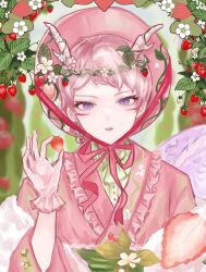  1boy absurdres alternate_costume androgynous bonnet circlet commentary_request dragon_horns earrings eastern_dragon_horns ensemble_stars! facial_mark flower food food-themed_earrings frilled_gloves frills fruit gloves hand_up highres holding holding_food holding_fruit horn_ornament horns itsuki_shu japanese_clothes jewelry kimono looking_at_viewer male_focus manini_seka mismatched_earrings parted_lips pink_bonnet pink_gloves pink_hair pink_kimono pink_lips pink_ribbon ribbon shirt shirt_under_kimono short_bangs short_hair solo strawberry strawberry_earrings strawberry_plant strawberry_slice stud_earrings upper_body very_short_hair violet_eyes yellow_shirt 