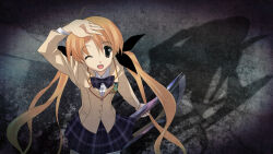  antenna_hair artist_request blazer blonde_hair bow bowtie brown_jacket chaos;head check_artist collared_shirt d-sword dress_shirt from_above game_cg hand_on_own_head highres holding holding_sword holding_weapon jacket lapels miniskirt notched_lapels official_art one_eye_closed open_mouth orange_eyes orihara_kozue plaid_bow plaid_bowtie plaid_clothes plaid_skirt pleated_skirt purple_bow purple_bowtie purple_skirt sasaki_mutsumi school_emblem school_uniform science_adventure shadow shirt skirt smile suimei_academy_school_uniform sword thigh-highs tongue weapon white_shirt white_thighhighs 