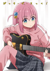  1girl akane_(akaneoekaki0928) blue_eyes bocchi_the_rock! commentary copyright_name cube_hair_ornament electric_guitar gotoh_hitori grey_skirt guitar hair_ornament highres instrument jacket long_hair long_sleeves miniskirt music pants pants_under_skirt parted_lips pink_hair pink_jacket pink_pants pink_track_suit playing_guitar playing_instrument pleated_skirt sidelocks sitting skirt solo track_jacket track_pants track_suit twitter_username 