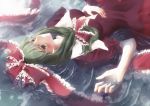  arm_up breasts butterfly cleavage dress eyebrows face front_ponytail green_eyes green_hair hair_ribbon hand_on_stomach hands kagiyama_hina lying on_back red_dress red_eyes ribbon solo suzuka_sario thick_eyebrows touhou water yellow_eyes 
