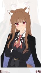  1girl arknights brown_hair commentary cosplay crossed_arms english_commentary highres holo likunea long_hair looking_at_viewer solo spice_and_wolf vulpisfoglia_(arknights) vulpisfoglia_(arknights)_(cosplay) 