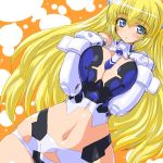  altrene blonde_hair blue_eyes blush breast_squeeze breasts busou_shinki dd_(artist) doll_joints dutch_angle hips large_breasts long_hair navel solo wide_hips 
