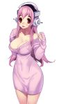  :p blush breasts cleavage headphones large_breasts nitroplus off_shoulder purple_hair simple_background solo super_sonico sweater_dress tensugi_takashi tongue 