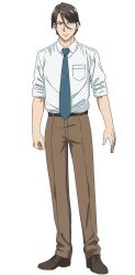  1boy anime_coloring ao_no_orchestra ayukawa_hiroaki belt brown_belt brown_pants brown_shoes clenched_hand closed_mouth collared_shirt dress_shoes full_body green_necktie grey_hair hair_between_eyes highres long_sleeves looking_at_viewer morita_kazuaki necktie official_art open_hand pants shirt shoes simple_background sleeves_rolled_up solo standing tachi-e tie_clip transparent_background white_shirt 