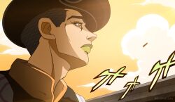  1boy afro araki_hirohiko_(style) black_hair brown_eyes clouds english_commentary filouvilou green_lips high_collar highres jojo_no_kimyou_na_bouken jojolion male_focus menacing_(jojo) official_style outdoors profile sky solo tooru_(jojolion) undercut yellow_sky 