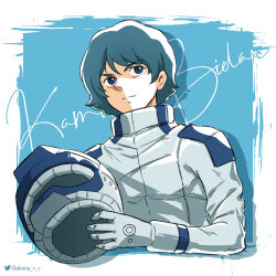  1boy akane_(akaneoekaki0928) blue_background blue_eyes blue_hair border character_name commentary cursive gundam helmet highres holding holding_unworn_helmet kamille_bidan male_focus solo space_helmet spacesuit twitter_logo twitter_username unworn_headwear unworn_helmet white_border zeta_gundam 
