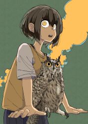  1girl absurdres animal bird black_skirt brown_hair commentary_request hair_between_eyes highres jewelry looking_at_viewer necklace nickel_ni_plus open_mouth orange_eyes orange_vest original owl shirt short_hair short_sleeves simple_background skirt solo teeth upper_teeth_only vest wide-eyed 