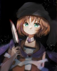  1other a_c_bb androgynous aqua_eyes bandana bare_arms black_background black_bandana black_cape blood blood_on_knife brooch brown_hair cape choker cine_hamal closed_mouth eye_brooch eye_of_senri happy highres holding holding_knife jacket jewelry knife kuzu_suzumi len&#039;en light_particles looking_at_viewer one-hour_drawing_challenge open_clothes open_jacket orange_jacket other_focus purple_scarf scarf shirt short_hair simple_background sleeveless sleeveless_jacket sleeveless_shirt smile solo tareme turban upper_body white_choker white_shirt 