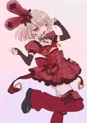  1girl ;d back_bow black_bow black_gloves black_shoes black_sleeve_cuffs black_thighhighs blunt_bangs blush bob_cut bow bowtie buttons center_frills clothing_cutout collar colored_inner_hair dress dutch_angle elbow_gloves fang finger_to_eye fingerless_gloves floating_hair foot_out_of_frame frilled_dress frills gloves grey_hair hat hat_bow heart heart_button heart_o-ring highres idol_clothes knee_up layered_dress leg_warmers looking_at_viewer makaino_ririmu medium_hair meichantoissyo mini_hat multicolored_hair nijisanji o-ring official_alternate_costume official_alternate_hairstyle one_eye_closed pink_hair plaid_clothes plaid_dress plaid_sleeves platform_shoes pointy_ears puffy_short_sleeves puffy_sleeves rabbit_ear_headwear red_bow red_bowtie red_dress red_eyes red_leg_warmers red_sleeves shoes short_dress short_sleeves shoulder_strap simple_background skin_fang smile solo streaked_hair thigh-highs underboob_cutout v virtual_youtuber w_arms white_background white_collar 