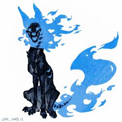  blue_fire chinese_commentary commentary_request fiery_tail fire flaming_head full_body highres looking_at_viewer luli_(crocowolf333) monster no_humans original simple_background sitting skeletal_tail skull_head tail white_background 