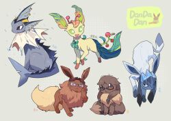  2boys 3girls adjusting_eyewear animalization antennae black_sclera blue_skin brown_eyes brown_fur brown_hair character_name closed_mouth colored_sclera colored_skin copyright_name dandadan eevee full_body glaceon glasses green_sclera grey_background highres kai_(huikuai2) leaf leaf_on_head leafeon multiple_boys multiple_girls no_humans open_mouth piercing pokemon pokemon_(creature) pokemon_focus rain sakata_kinta sawaki_rin shaded_face simple_background star_(symbol) star_in_eye symbol_in_eye tail vamola_(dandadan) vaporeon white_eyes yukishiro_kouki zuma_unji 