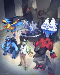  1boy absurdres animal_ears archeops artist_name baseball_cap blue_eyes blue_skin carracosta claws colored_sclera colored_skin fox_ears gears glowing glowing_eye green_hair green_shoes hat highres klinklang myx_(roupuff) n_(pokemon) pokemon pokemon_(creature) pokemon_bw red_sclera shoes vanilluxe zekrom zoroark 