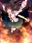  arm_cannon black_hair black_legwear black_wings bow brown_hair cape fang fire hair_bow highres kaenbyou_rin long_hair marotti open_mouth red_eyes reiuji_utsuho solo third_eye touhou very_long_hair weapon wings 