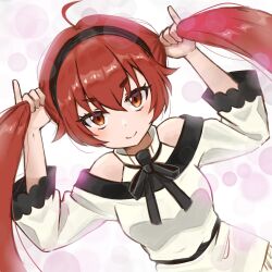  1girl ahoge akane_(akaneoekaki0928) black_hairband black_ribbon breasts bunching_hair closed_mouth commentary dress dutch_angle eris_greyrat hairband highres holding holding_own_hair long_hair long_sleeves looking_at_viewer medium_breasts mushoku_tensei neck_ribbon off-shoulder_shirt off_shoulder orange_eyes red_hair ribbon shirt smile solo white_dress white_shirt 
