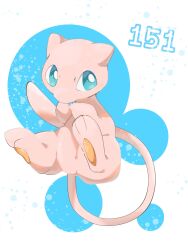 1other blue_eyes floating full_body highres hp7car7nxrq5s7q looking_at_viewer mew mew_(pokemon) no_humans pink_fur pokedex_number pokemon pokemon_(creature) pokemon_focus solo tail