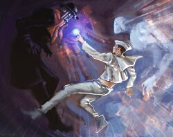  1boy 2others absurdres battle black_coat black_gloves black_hair black_hat black_pants black_shoes boots bowler_hat bubble coat commentary cropped_shirt dixie_cup_hat duel energy_ball estacadoth facial_mark gloves grey_boots hat higashikata_josuke_(jojolion) highres jojo_no_kimyou_na_bouken jojolion long_coat long_sleeves male_focus military_hat multiple_others orange_scarf pants sailor sailor_collar sailor_hat scarf shirt shoes soft_&amp;_wet stand_(jojo) white_eyes white_hat white_pants white_sailor_collar white_shirt wonder_of_u 