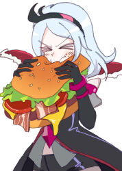  1girl absurdres black_choker black_gloves black_shorts black_tiara burger choker closed_eyes eas_(fresh_precure!) eating elbow_gloves food fresh_precure! gem gloves hair_ornament highres holding holding_food jewelry light_blush midriff_peek minchyae precure short_hair shorts simple_background tiara white_background white_hair 