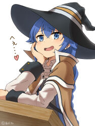 1girl :d absurdres akane_(akaneoekaki0928) black_hat blush brown_cape cape collared_shirt commentary_request elbows_on_table hand_on_own_cheek hand_on_own_face hat heart highres long_sleeves looking_at_viewer mushoku_tensei open_mouth raised_inner_eyebrows roxy_migurdia shirt simple_background smile smug solo spoken_heart white_background white_shirt witch_hat 