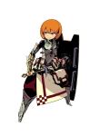  1girl armor bag boots brown_eyes fighting_stance fortress_(sekaiju) himukai_yuuji official_art orange_hair pouch sekaiju_no_meikyuu sekaiju_no_meikyuu_4 shield simple_background smile standing weapon white_background 