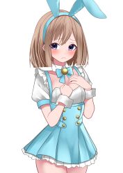  1girl absurdres animal_ear_hairband animal_ears blue_eyes breasts brown_hair choujigen_game_neptune commentary english_commentary fake_animal_ears hairband highres medium_hair neptune_(series) rabbit_ears rom_(neptunia) short_sleeves sidelocks simple_background skirt small_breasts solo white_background white_skirt white_wrist_cuffs wrist_cuffs xueli_shimazaki 