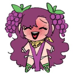  1girl animal_print bare_shoulders blush bracelet closed_eyes commentary dionysus_(mythology) dress drunk english_commentary food food-themed_hair_ornament fruit full-face_blush full_body genderswap genderswap_(mtf) grape_hair_ornament grapes greek_mythology hair_ornament halter_dress halterneck heart heart_in_mouth jewelry leopard_print leopard_print_scarf long_hair multiple_bracelets open_mouth original panties pelvic_curtain plunging_neckline print_scarf purple_dress purple_hair revealing_clothes scarf simple_background sleeveless sleeveless_dress smile solo_focus standing teeth underwear upper_teeth_only wanderjegson white_background 