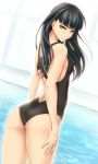  amagami ass ayatsuji_tsukasa black_hair blue_eyes competition_swimsuit dutch_angle from_behind lm long_hair looking_at_viewer looking_back one-piece_swimsuit shinon_(tokage_shuryou) solo swimsuit water 
