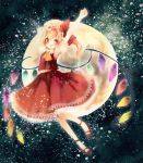  ;d bad_id dress flandre_scarlet full_moon hat hat_ribbon himehi moon open_mouth outstretched_arm red_eyes ribbon side_ponytail smile solo the_embodiment_of_scarlet_devil touhou wings wink 