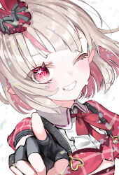  1girl absurdres amanatsu_uni black_bow black_gloves black_sleeve_cuffs blunt_bangs blush bob_cut bow bowtie center_frills clothing_cutout collar colored_inner_hair confetti dress dutch_angle fang fingerless_gloves floating_hair frills gloves grey_hair grin hat hat_bow heart heart_o-ring highres idol_clothes layered_dress looking_at_viewer makaino_ririmu medium_hair mini_hat multicolored_hair nijisanji o-ring official_alternate_costume official_alternate_hairstyle one_eye_closed pink_hair plaid_clothes plaid_dress plaid_sleeves pointing pointing_at_viewer pointy_ears puffy_short_sleeves puffy_sleeves red_bow red_bowtie red_dress red_eyes red_sleeves short_sleeves shoulder_strap simple_background smile solo sparkling_eyes streaked_hair sweat underboob_cutout upper_body virtual_youtuber white_background white_collar 