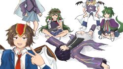  6+others adagumo_no_saragimaru androgynous armor arrow_print bare_legs black_bridal_gauntlets black_shirt blazer blue_hakama blue_jacket blue_pants blue_vest boots breastplate bridal_gauntlets brown_hair brown_headband capelet choker closed_eyes closed_mouth coattails collared_jacket collared_shirt collared_socks crossed_ankles crossed_legs death derivative_work dot_nose epaulettes eye_of_senri fang floral_print frilled_headwear frilled_shorts frills fujiwara_no_iyozane fur_choker green_hair grey_helmet grin hair_ornament hakama hakama_short_skirt hakama_skirt hand_on_own_hip hands_on_own_knees hands_on_own_legs haori happy hat head_out_of_frame headband headgear helmet high_ponytail highres holding holding_unworn_clothes holding_unworn_hat hood hood_down hooded_jacket jacket jacket_on_shoulders japanese_clothes kimono knee_up kokutenshi_hibaru lapels layered_sleeves leaning_forward len&#039;en long_hair long_sleeves looking_at_another looking_at_viewer lying magnet messy_hair mob_cap multiple_others necktie notched_lapels on_back open_clothes open_jacket open_mouth other_focus outstretched_arms pants parted_lips pointy_ears ponytail puffy_short_sleeves puffy_shorts puffy_sleeves purple_boots purple_capelet purple_hair purple_hat purple_jacket purple_kimono purple_vest red_eyes red_necktie screenshot_redraw shadow shirt shitodo_kuroji short_hair short_kimono short_ponytail short_sleeves shorts sidelocks signature simple_background single_bridal_gauntlet sitting skirt sleeveless sleeveless_shirt smile snake_hair_ornament snake_tail socks split_ponytail star_(symbol) star_print tail taira_no_fumikado tears teeth temshi triangular_headpiece umatachi_tsugumi unworn_hat unworn_headwear upper_teeth_only v very_long_hair vest white_background white_boots white_choker white_shirt white_shorts white_socks wings zipper 