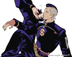  2boys arm_on_knee artist_name belt belt_buckle black_hair black_jacket buckle character_doll collared_jacket commentary_request dated diamond_wa_kudakenai doll dollar_sign feet_out_of_frame gakuran green_belt grey_hair head_out_of_frame heart higashikata_josuke highres holding holding_doll invisible_chair jacket jojo_no_kimyou_na_bouken kiss looking_at_object looking_down male_focus multicolored_hair multiple_boys nijimura_okuyasu notice_lines pants parted_lips popped_collar school_uniform short_hair simple_background sitting standing striped_belt tirauraja two-tone_hair white_background 